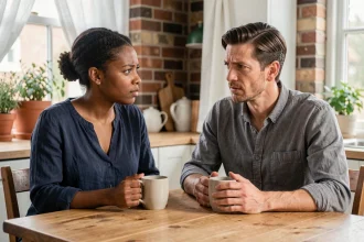 Couple mixte en conversation sérieuse autour d'une table de cuisine en bois, illustrant les tensions et la communication dans une relation interculturelle