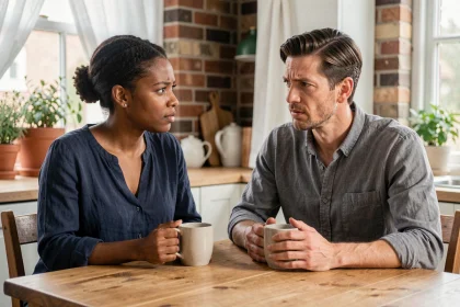 Couple mixte en conversation sérieuse autour d'une table de cuisine en bois, illustrant les tensions et la communication dans une relation interculturelle