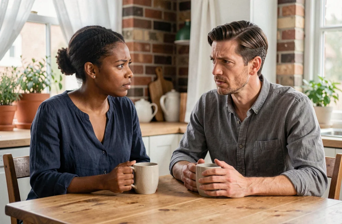 Couple mixte en conversation sérieuse autour d'une table de cuisine en bois, illustrant les tensions et la communication dans une relation interculturelle