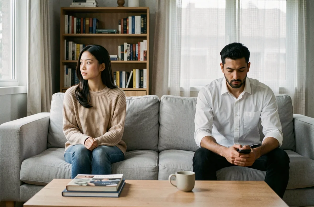 Couple mixte assis séparément sur un canapé dans un salon moderne, exprimant la distance émotionnelle et les tensions dans une relation interculturelle
