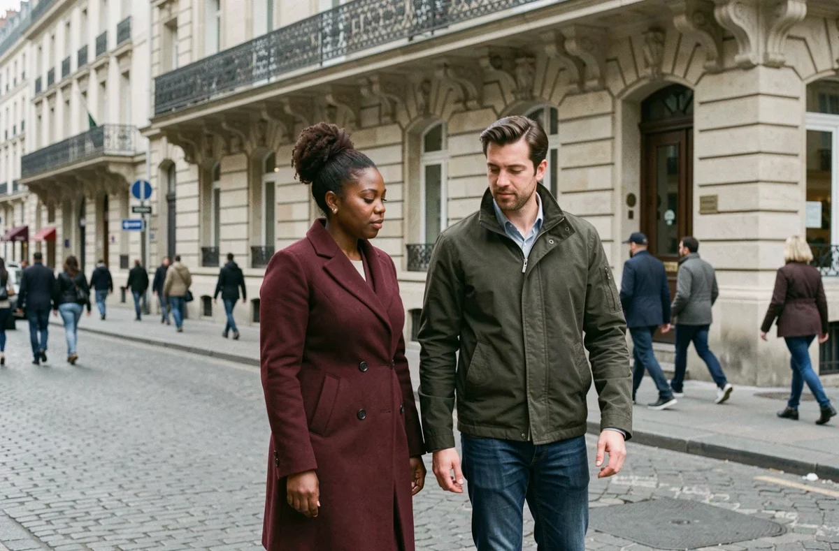 Couple mixte marchant côte à côte dans une rue parisienne avec une distance émotionnelle subtile, évoquant les pressions sociales sur les relations interculturelles
