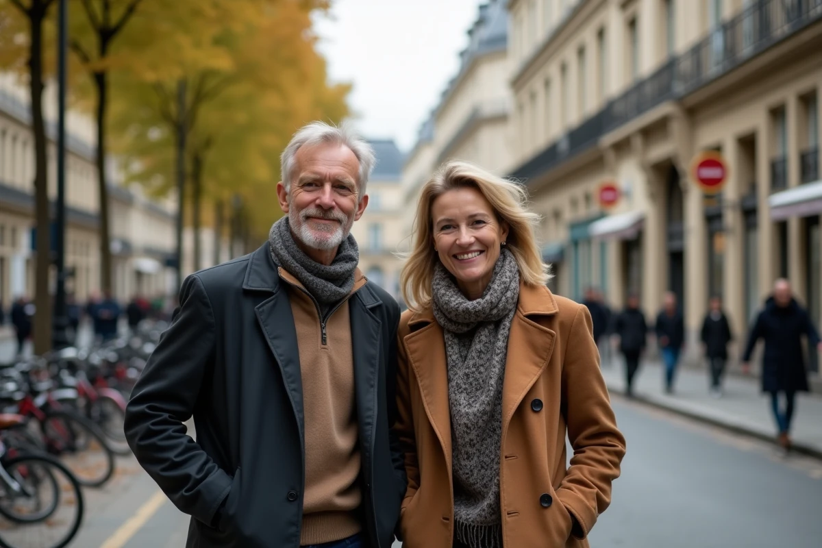 Couple marchant dans une rue parisienne en journée