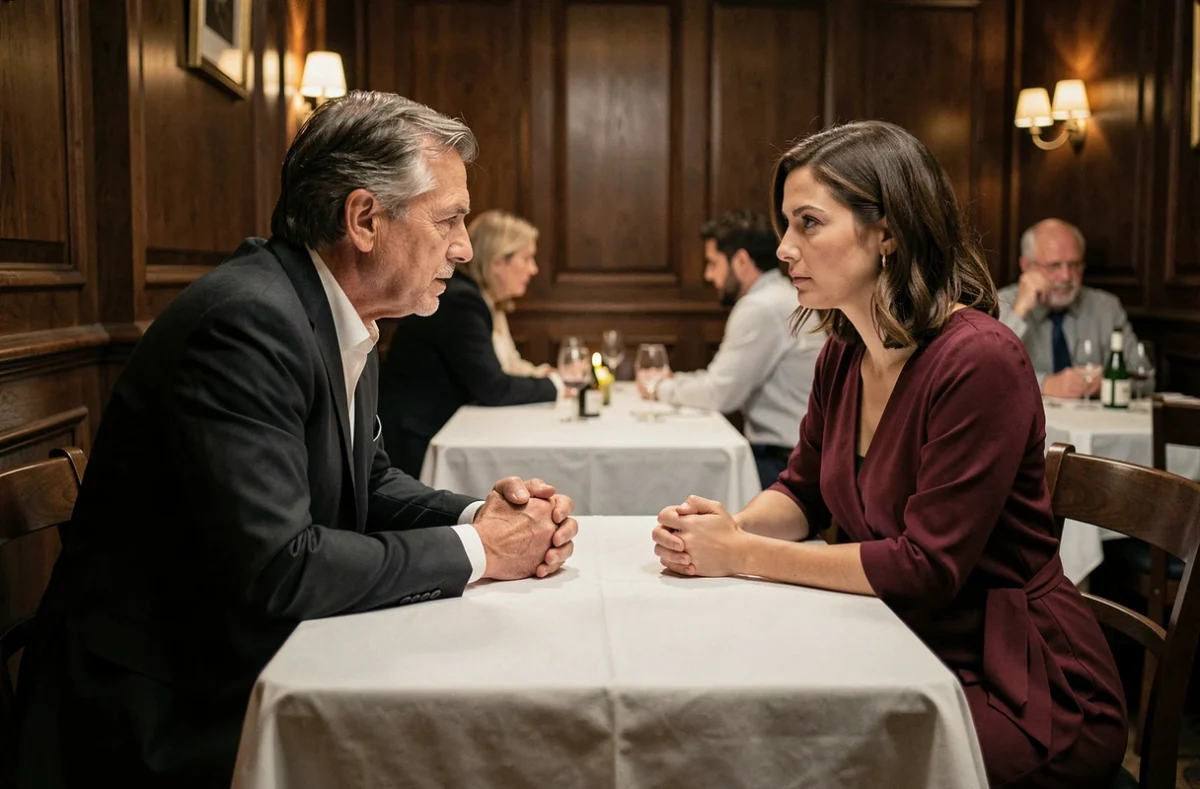 Couple dans un restaurant, l'homme en posture dominante face à une femme à l'air incertain, illustrant les mécanismes de manipulation et d'emprise dans une relation toxique
