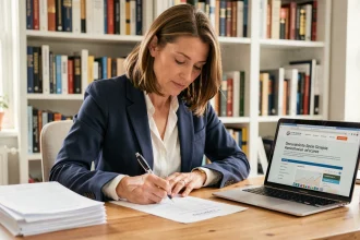 Femme remplissant une demande d'acte de naissance en ligne depuis son bureau à domicile
