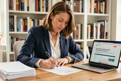Femme remplissant une demande d'acte de naissance en ligne depuis son bureau à domicile
