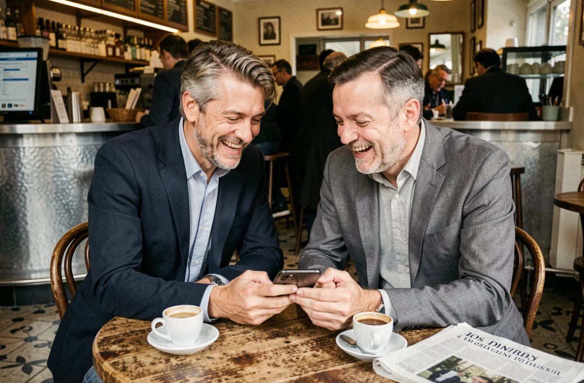Deux hommes regardant un téléphone ensemble dans un café parisien, illustrant la curiosité publique autour du compagnon de Stéphane Marie