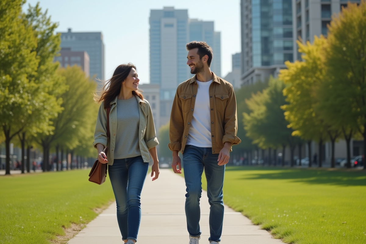 Deux personnes marchant dans un parc urbain ensoleille