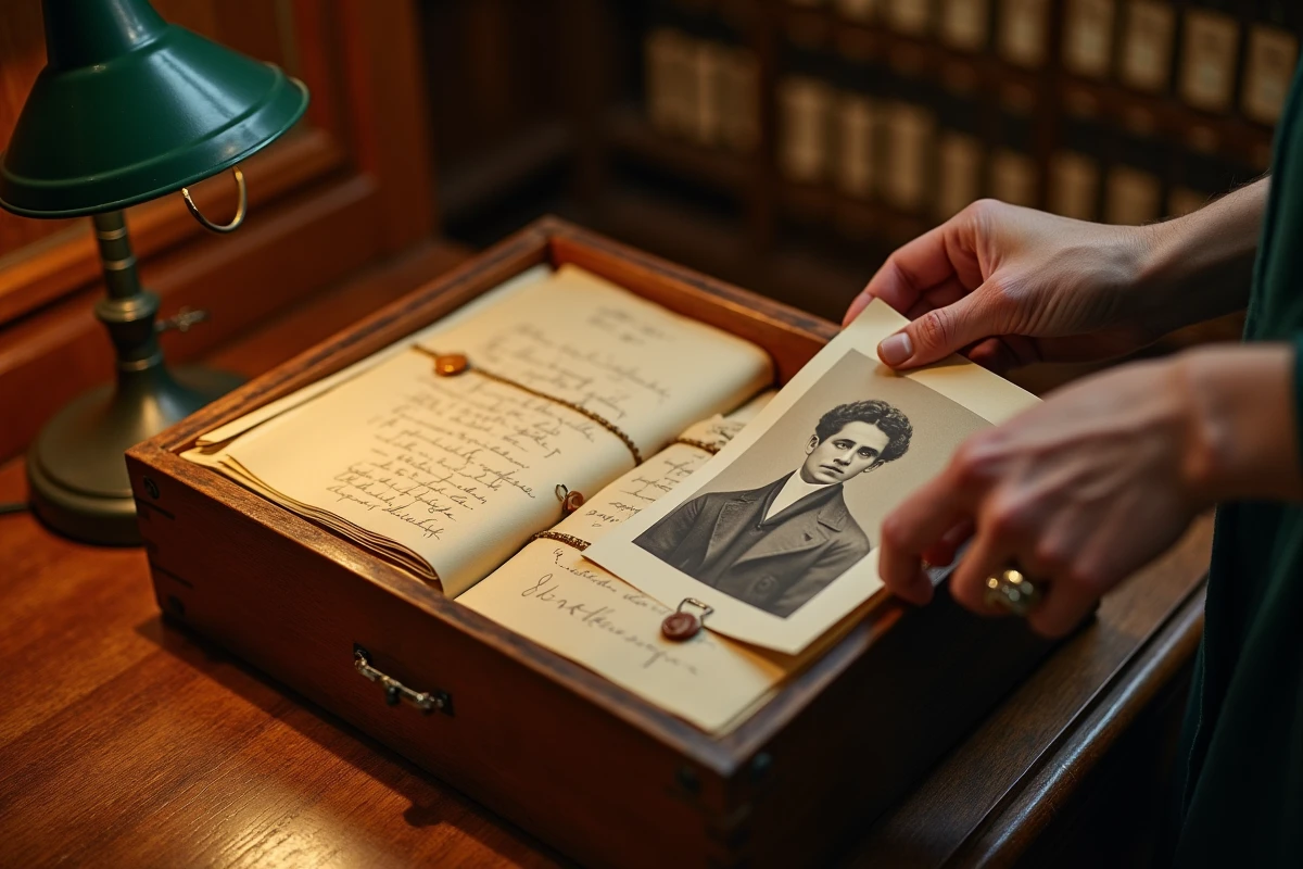 Mains féminines feuilletant des archives familiales anciennes avec photographies sépia et lettres manuscrites, symbole d'un héritage secret et préservé