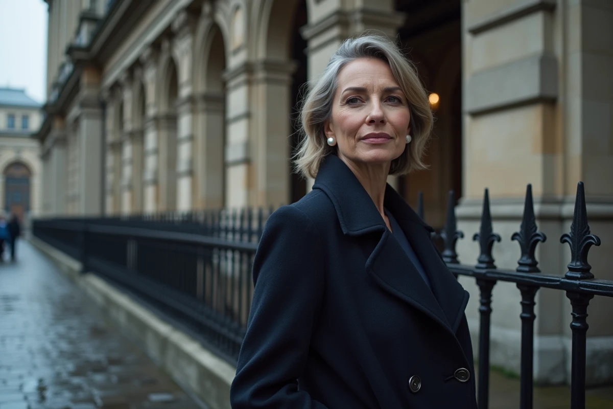 Femme distinguée devant une façade classique en pierre évoquant le monde des enchères et du patrimoine artistique familial