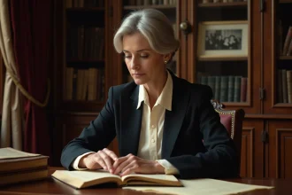 Femme élégante consultant des archives anciennes dans un bureau parisien classique, évoquant l'héritage discret d'une famille fortunée