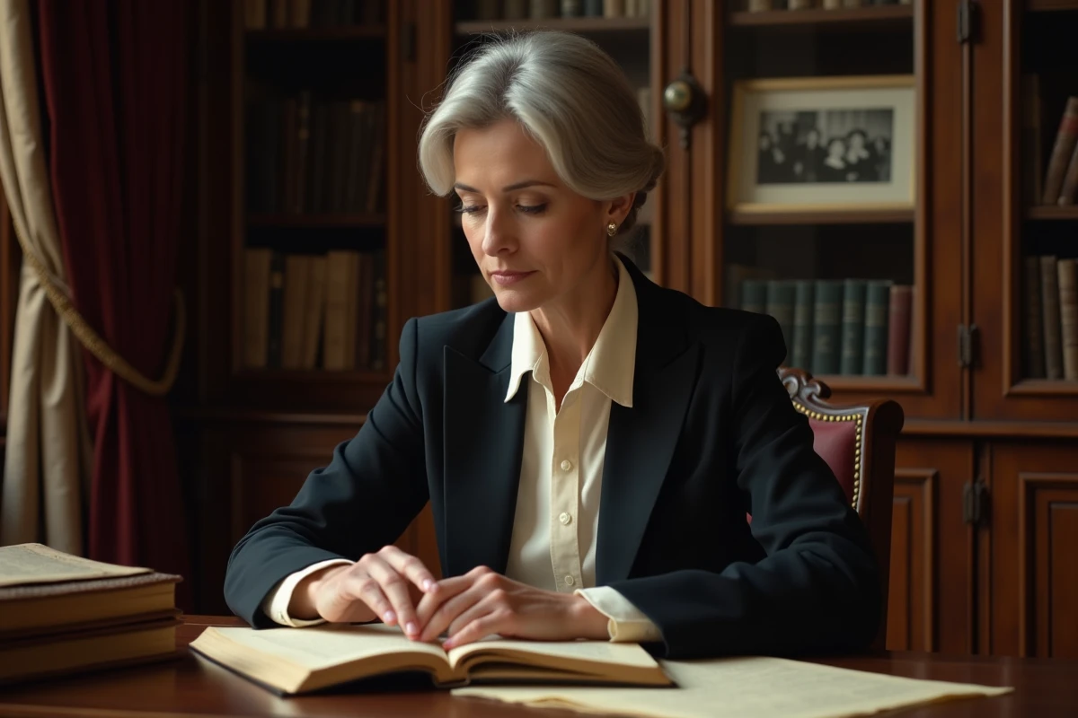 Femme élégante consultant des archives anciennes dans un bureau parisien classique, évoquant l'héritage discret d'une famille fortunée