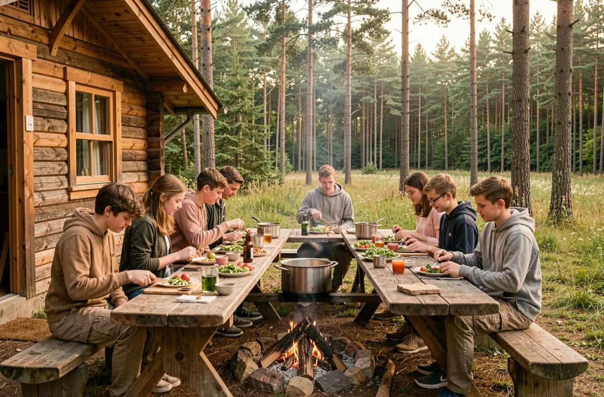 Groupe de jeunes préparant un repas collectif autour d'un feu de camp lors d'une colonie nature Djuringa Juniors dans les Hauts-de-France