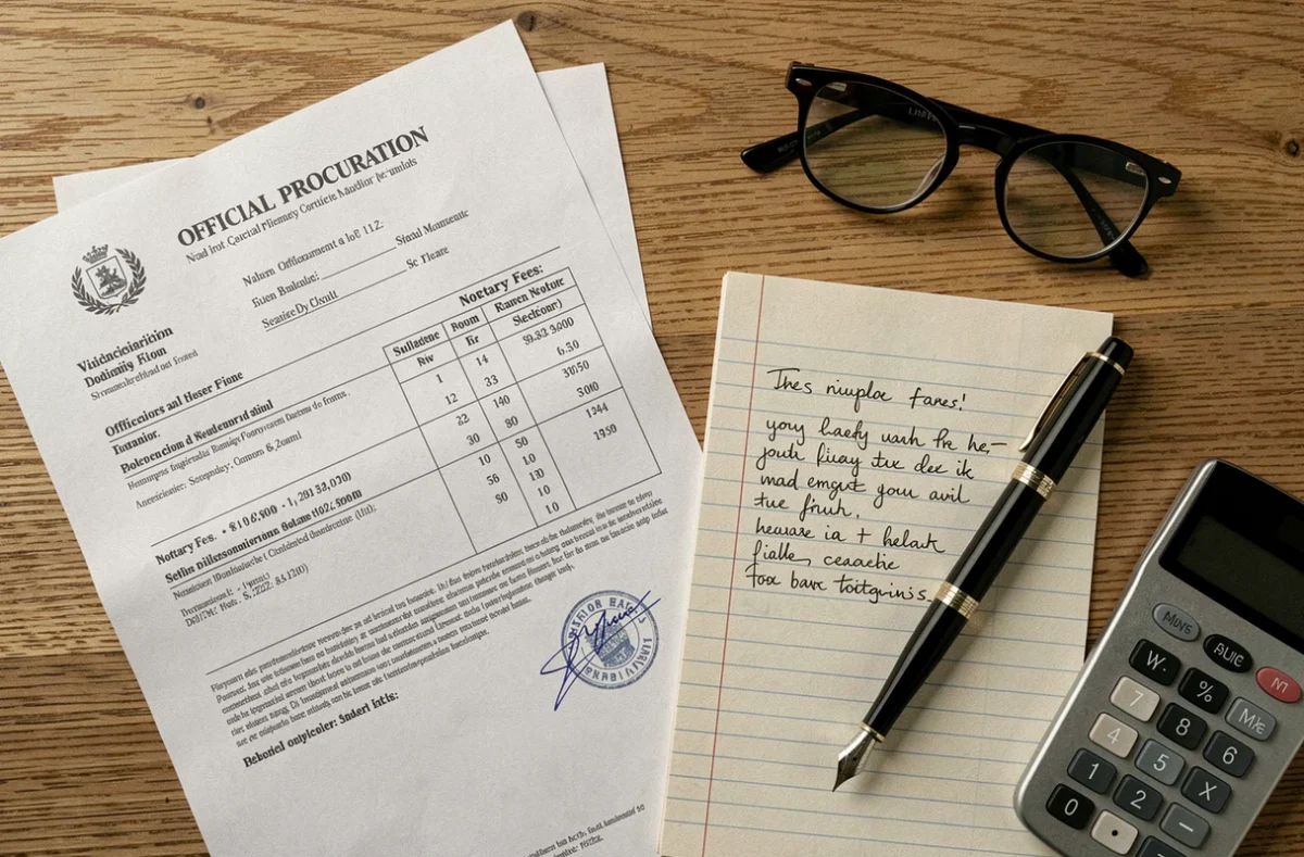 Vue aérienne d'un dossier de succession notariale avec procuration et liste des frais de notaire