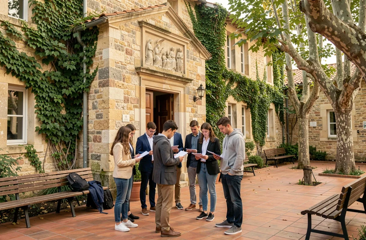 Élèves de l'école, collège et lycée de la Nativité dans la cour de l'établissement en Provence