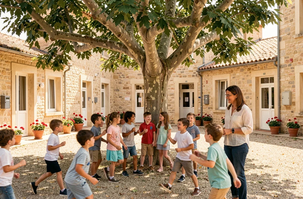 Cour de récréation de l'école et collège Saint-Joseph avec élèves et enseignante en Provence