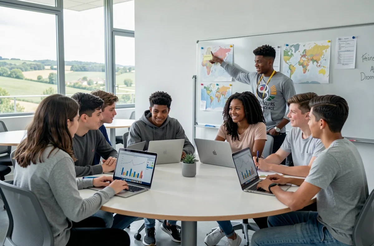 Élèves internationaux collaborant en classe à l'École IBS of Provence dans un espace moderne