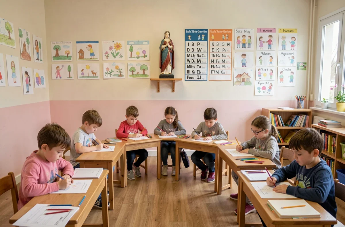 Salle de classe de l'école primaire privée Sainte-Geneviève avec de jeunes élèves dessinant