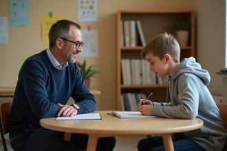 Éducateur spécialisé en entretien individuel avec un adolescent présentant des troubles du comportement dans une salle de soutien d'établissement spécialisé