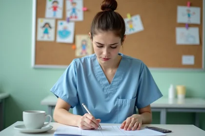 Éducatrice de crèche qui analyse ses fiches de paie dans la salle de repos d'une structure petite enfance