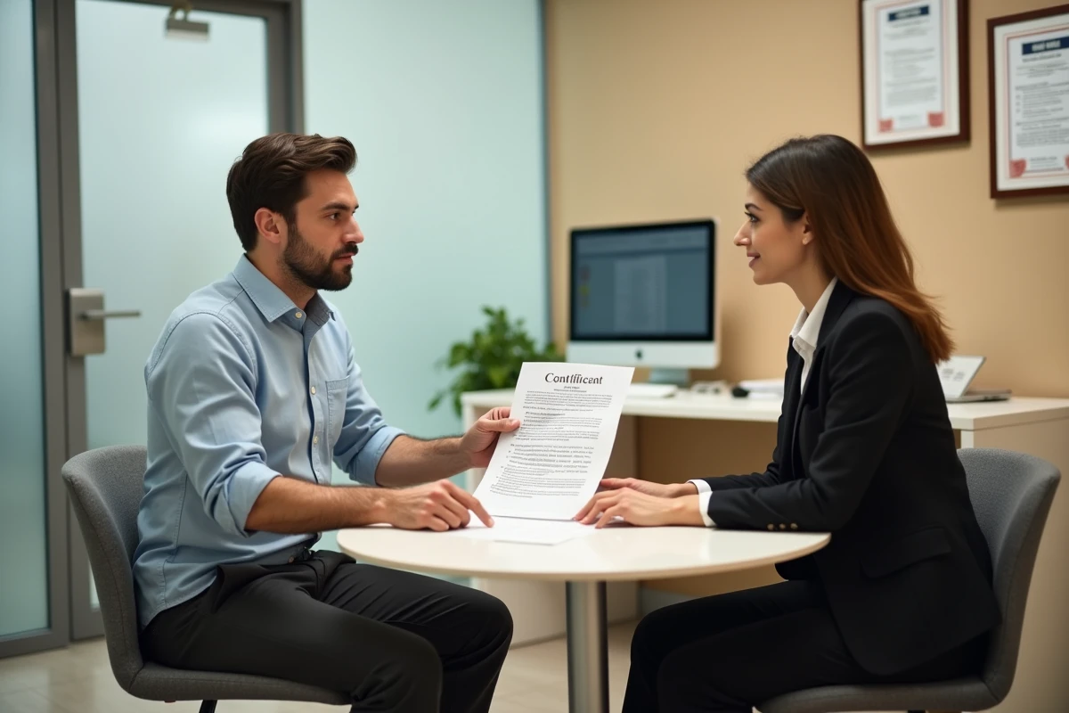 Employé de crèche discutant d'un contrat à temps partiel avec une responsable administrative dans un bureau de structure petite enfance