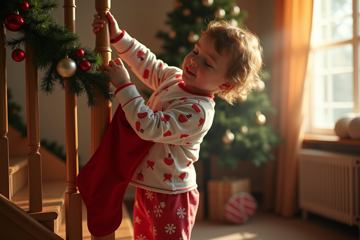 Enfant en pyjama accrochant une chaussette de Noel dans la matinée