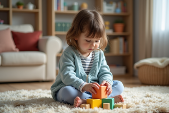 Fille de quatre ans construisant une tour de blocs colorés