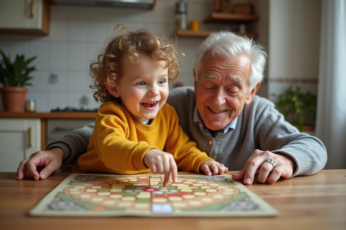 Enfant et grand-parent jouant au Nain Jaune à la cuisine
