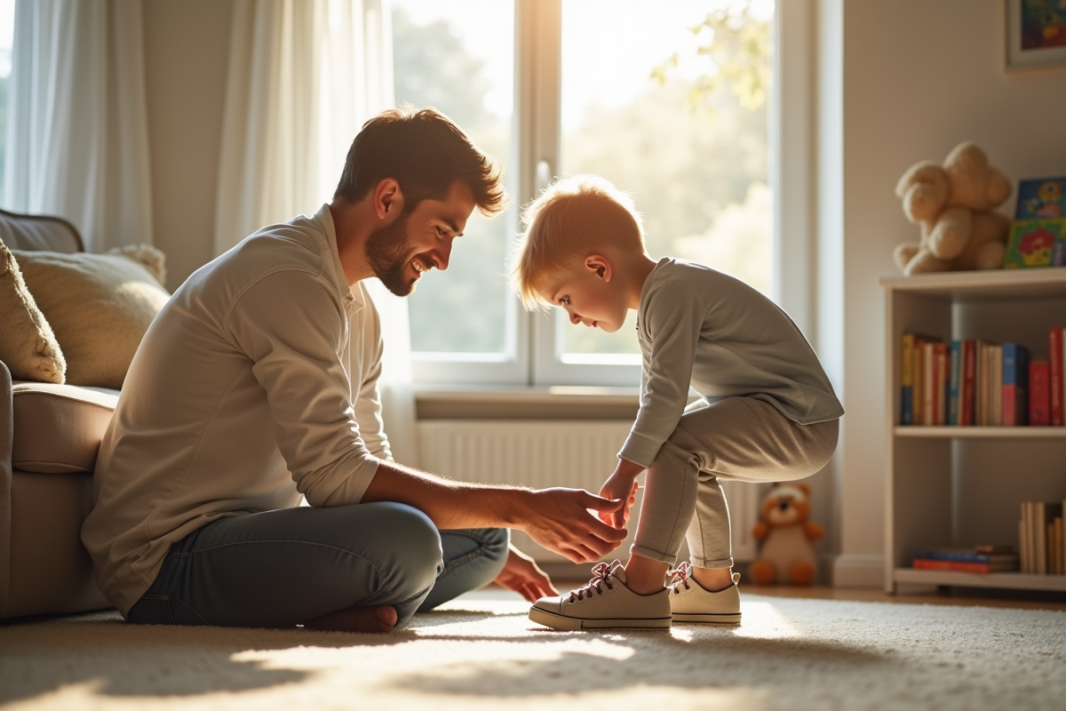 Enfant attachant ses chaussures avec fierte dans le salon lumineux