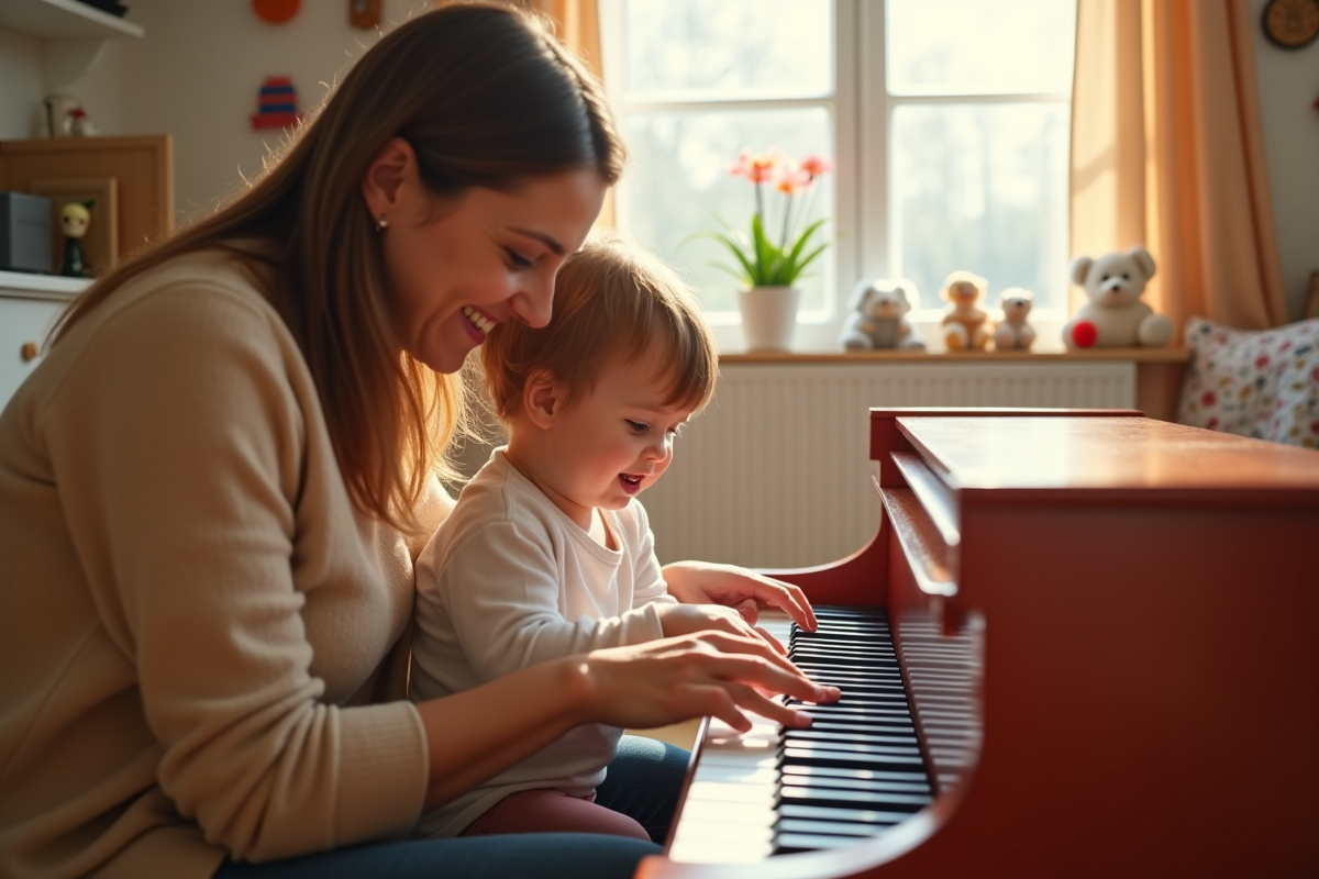 Enfant jouant du piano avec un parent dans un intérieur cosy