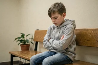 Enfant refusant de participer à une visite médiatisée, assis bras croisés dans une salle d'attente institutionnelle neutre