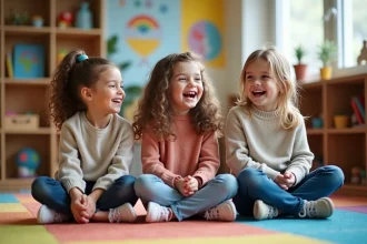 Trois enfants souriants chantant dans une classe colorée