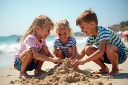 Enfants construisant un chateau de sable sur la plage en &eacute;t&eacute;