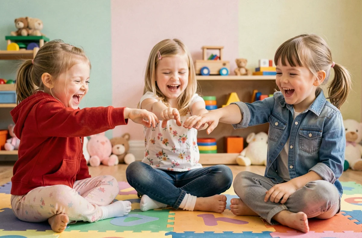 Groupe d'enfants en bas âge dans une crèche reproduisant le jeu de mains de la chanson du Petit Escargot sur un tapis de jeu coloré