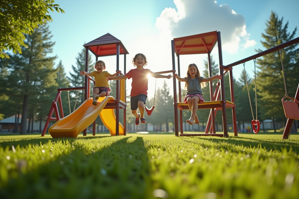 Enfants et parents jouant sur une aire de jeux moderne en plein air