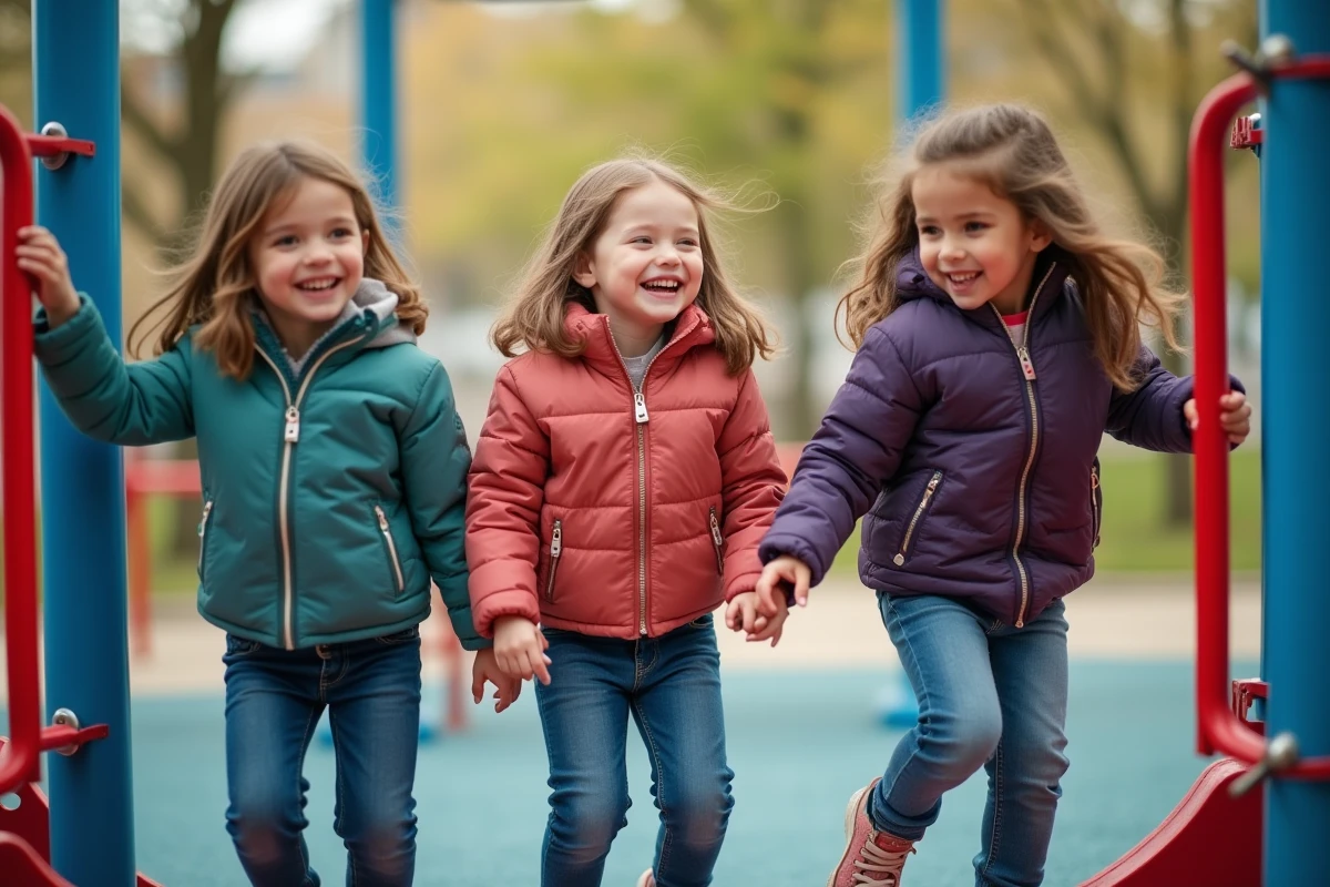 Trois filles de 4 ans jouent dans un parc urbain