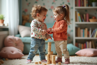 Deux enfants souriants jouent dans un salon coloré