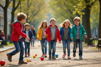 Enfants jouant à la pétanque dans un parc parisien