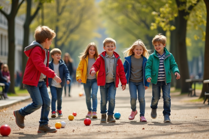 Enfants jouant à la pétanque dans un parc parisien
