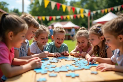 Enfants jouant &agrave; un puzzle g&eacute;ant en plein air lors d'une f&ecirc;te