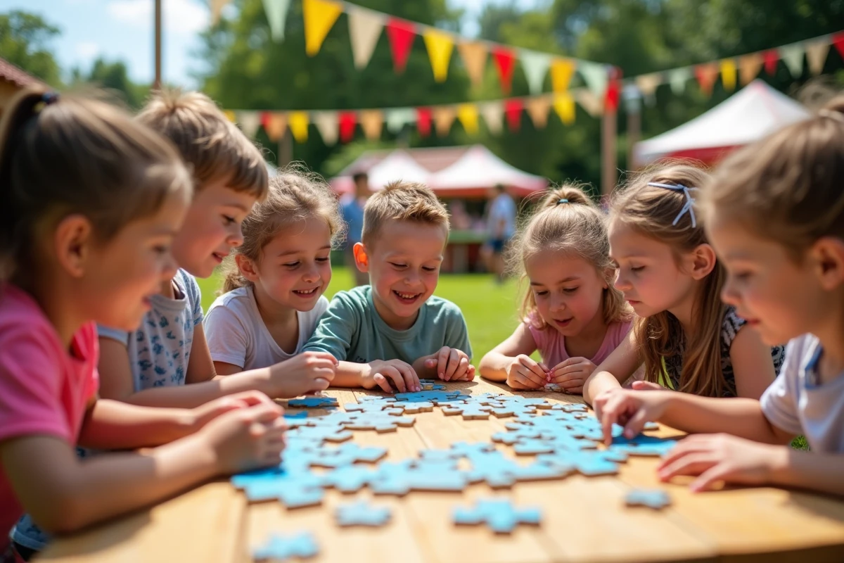 Enfants jouant à un puzzle géant en plein air lors d'une fête