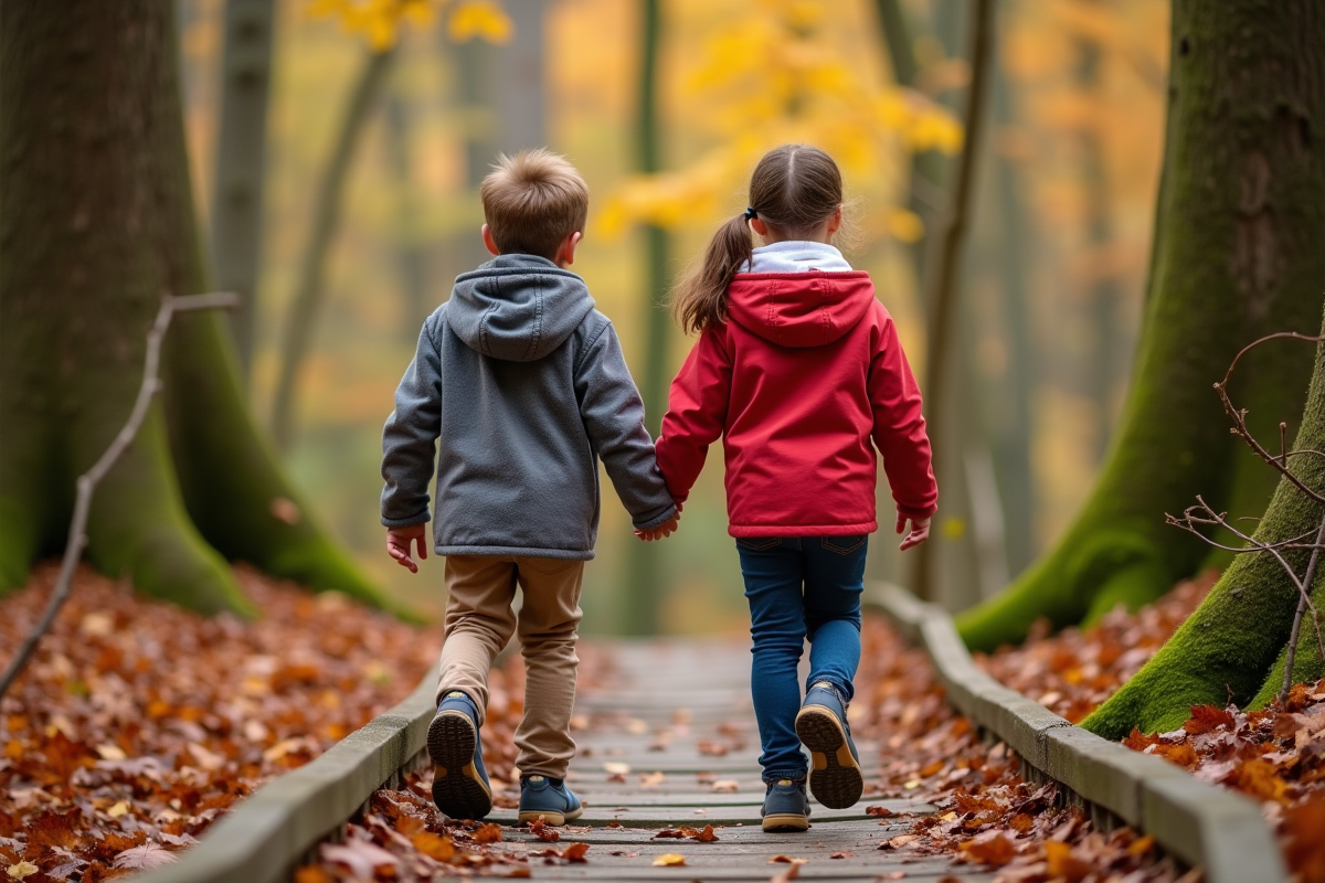 Freres et soeurs marchant sur un pont en forêt automnale