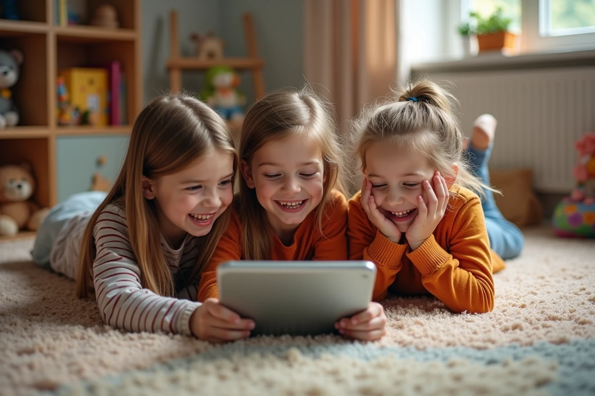 Enfants rigolant sur un tapis dans un coin jeux