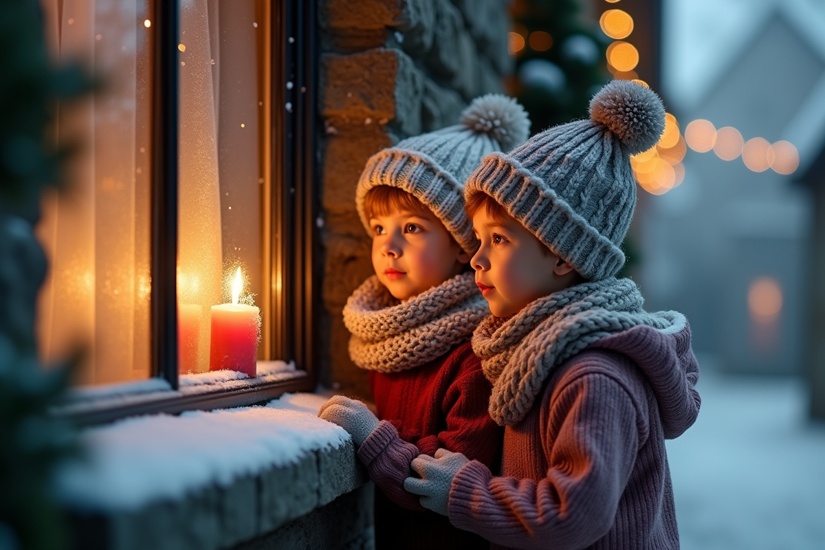 Deux enfants regardant une bougie dans une vitrine givree en hiver