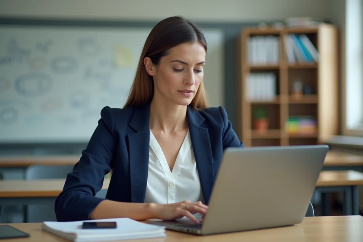 Enseignante consultant un site de gestion scolaire en ligne sur son ordinateur portable en salle de classe