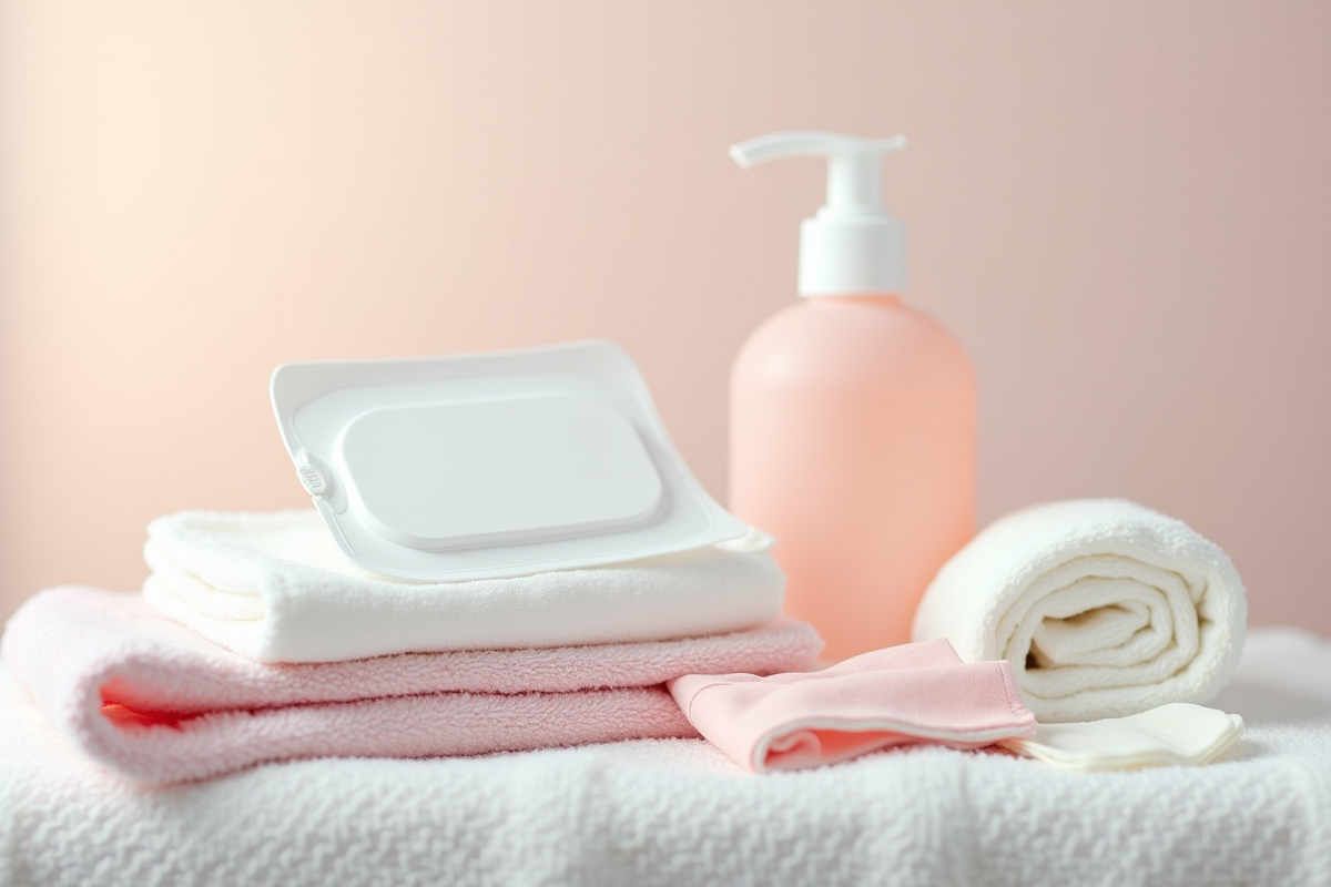 Produits de soin pour bebe fille sur serviette pastel