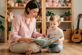 Jeune femme et tout-petit découvrant ensemble un livre illustré de chats dans une chambre d'éveil musicale