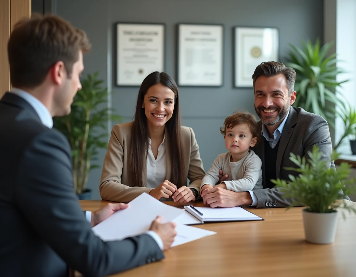 Famille rencontrant un consultant spécialisé en adoption internationale dans les bureaux d'une agence d'adoption européenne