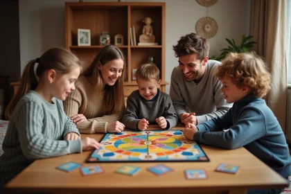 Famille jouant &agrave; un jeu de soci&eacute;t&eacute; sur le th&egrave;me de Cendrillon dans un salon chaleureux
