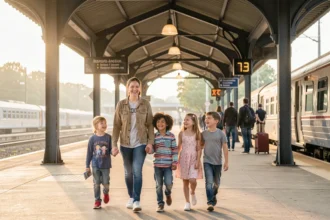 Famille nombreuse réunie devant un train en gare
