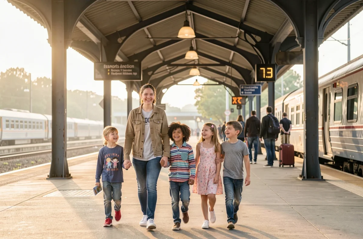 Famille nombreuse réunie devant un train en gare